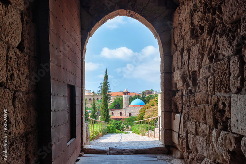 View from ancient crusader castle on the Sultan Abdul Majid Mosque in historical city of Byblos (Jbeil). Lebanon. photo