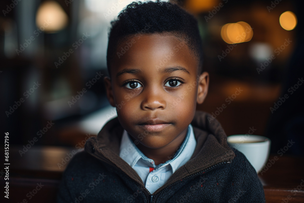 Generative AI portrait of young boy sitting modern interior cafe drinking baby beverage Generative AI portrait of young boy sitting modern interior cafe drinking baby beverage