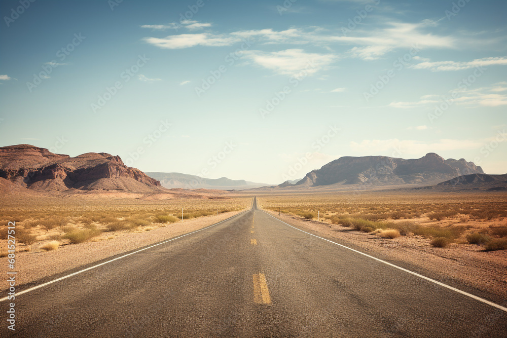 illustration of a road through the desert. Desert landscape, sand and road leading to the horizon. Created with Generative AI