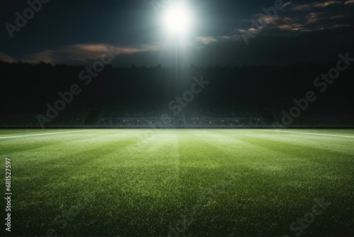Empty Grass Field Scene With Spotlights Light Night View Of Stadium Light Reflected On Grass © Anastasiia