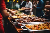 Group Of People At Catering Buffet With Grilled Meat. Сoncept Gourmet Bbq, Sumptuous Buffet, Al Fresco Feasting, Succulent Grilled Cuisine