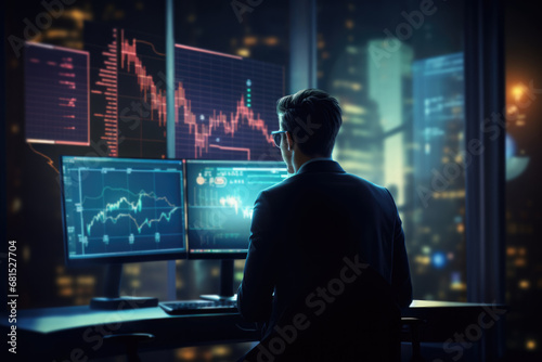 Finance Manager Analyzing Stock Market Indicators In Futuristic Style Photorealism