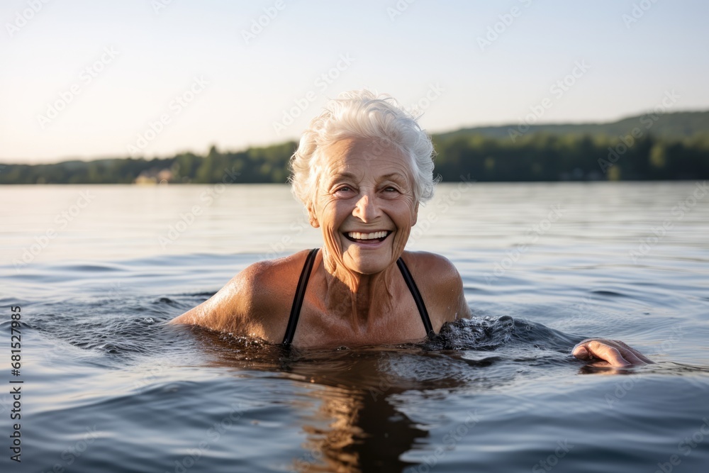 Older Woman Gracefully Swims In The Lake. Сoncept Nature Walk Through A Forest Trail, Peaceful Sunset At The Beach, Candid Moments At A Family Picnic, Adventurous Hike To A Waterfall