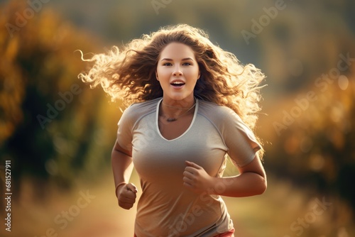 Overweight Lady Running To Lose Weight, Get Back In Shape Photorealism