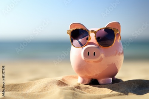 Piggy Bank Wearing Sunglasses At Beach, Saving Money For Vacation Photorealism © Anastasiia