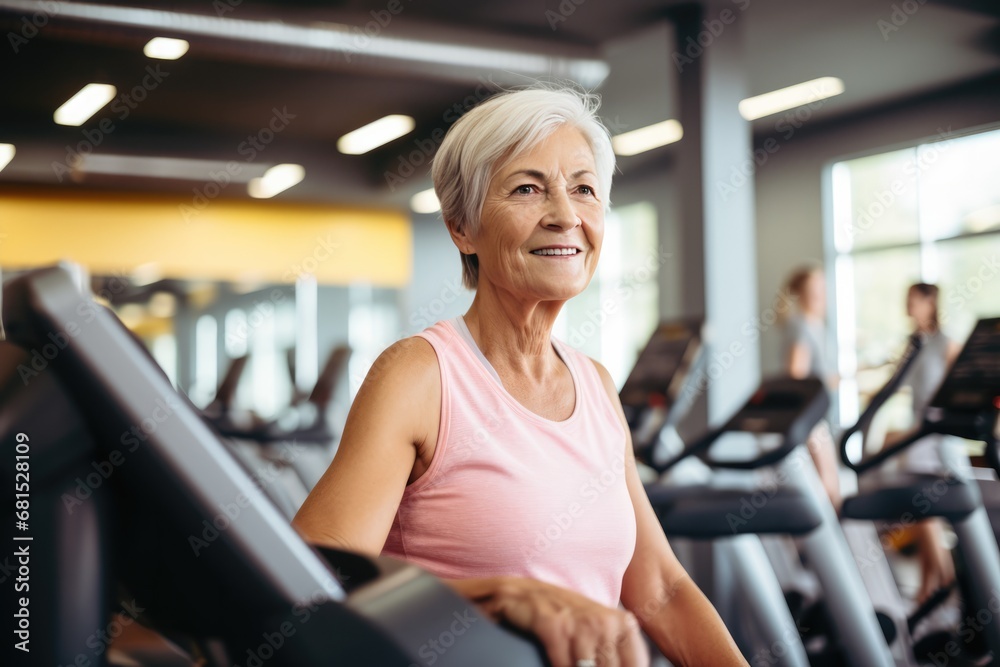 Senior Woman Happily Exercising In The Gym Photorealism. Сoncept Sunset Beach Yoga, Hiking In The Mountains, Urban Skateboarding, Tropical Paradise Getaway, Fitness Boot Camp Senior Woman Happily Exercising In The Gym Photorealism. Сoncept Sunset Beach Yoga, Hiking In The Mountains, Urban Skateboarding, Tropical Paradise Getaway, Fitness Boot Camp
