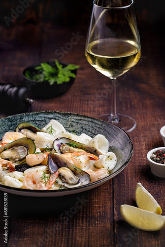 Grilled Seafood with Sauce, Healthy Seafood Bowl, Mediterranean and Italian Flavors