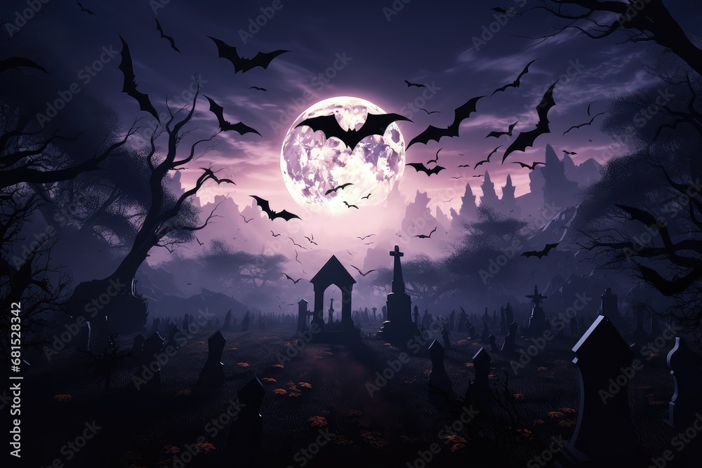 Bats in the cemetery at night, forest and moon, horror and fear. Halloween
