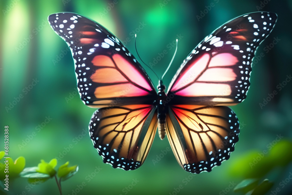 Fototapeta premium Schmetterling als Makroaufnahme ruhig sitzend orange leuchtend vor einem unscharfen Hintergrund aus dunklen Wald mit Sonne. Tiere und Insekten des Sommers in einer natürlichen gesunden Umgebung.