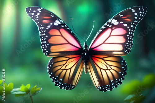 Schmetterling als Makroaufnahme ruhig sitzend orange leuchtend vor einem unscharfen Hintergrund aus dunklen Wald mit Sonne. Tiere und Insekten des Sommers in einer nat  rlichen gesunden Umgebung.