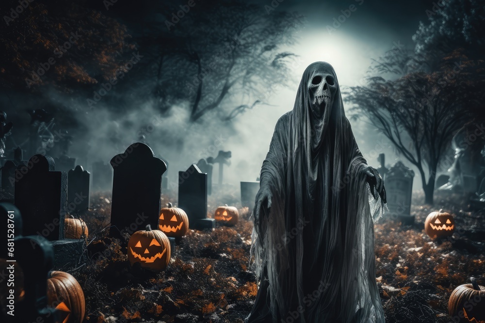 skull ghost death in Halloween, pumpkin head Jack-lantern candles burning. skull ghost death in Halloween, pumpkin head Jack-lantern candles burning.
