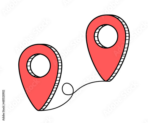 A linear path from a map point to a point. The concept of moving and trekking.