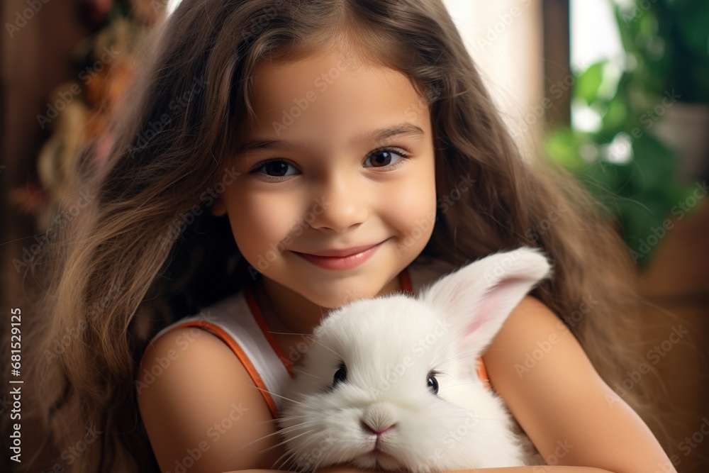 little girl hugging with her white rabbit, bunny little girl hugging with her white rabbit, bunny