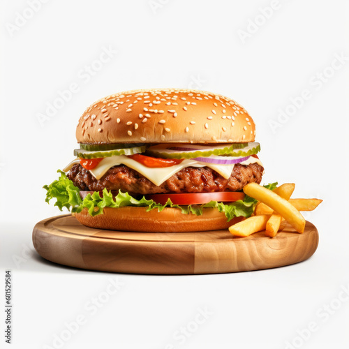 Big hamburger with french fries on wooden board isolated on white background