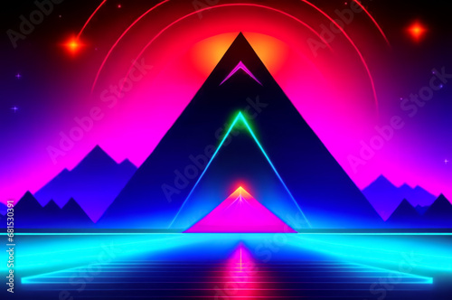 Futuristic landscape with triangular and neon elements. Fiction. AI
