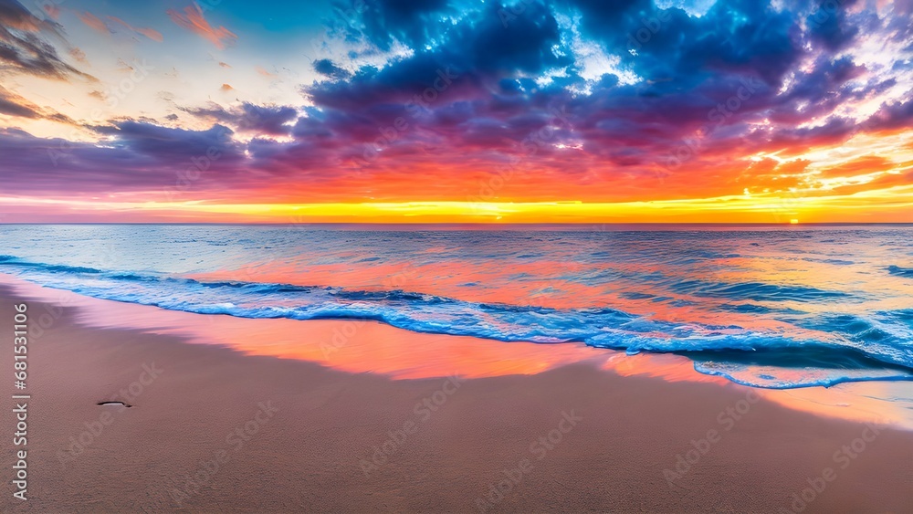 The ocean meeting the shore, with gentle waves, golden sands, and a colorful sunset.