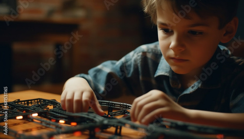 One boy only, concentrating on repairing equipment with technology generated by AI