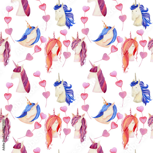 Watercolor unicorns seamless pattern. Magical fantasy character.