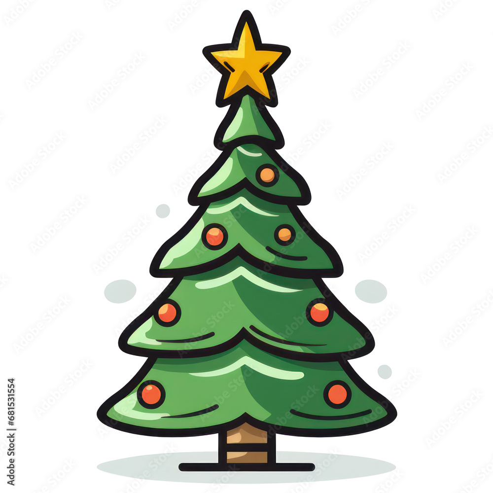 Christmas tree and Christmas ball, Yellow star on the top isolated white background