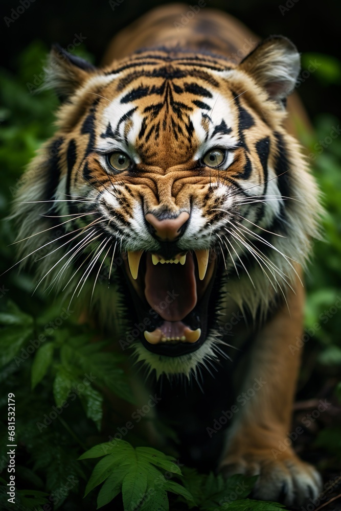 Fototapeta premium Siberian tiger glaring with open mouth and growling