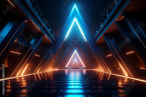 Futuristic landscape with triangular and neon elements. Fiction. AI