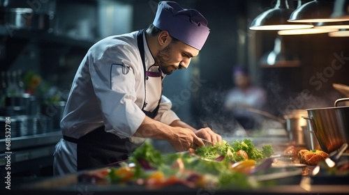 Chef preparing food in the kitchen of a restaurant or hotel