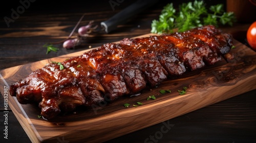Delicious barbecue ribs on cutting board on wooden table, closeup
