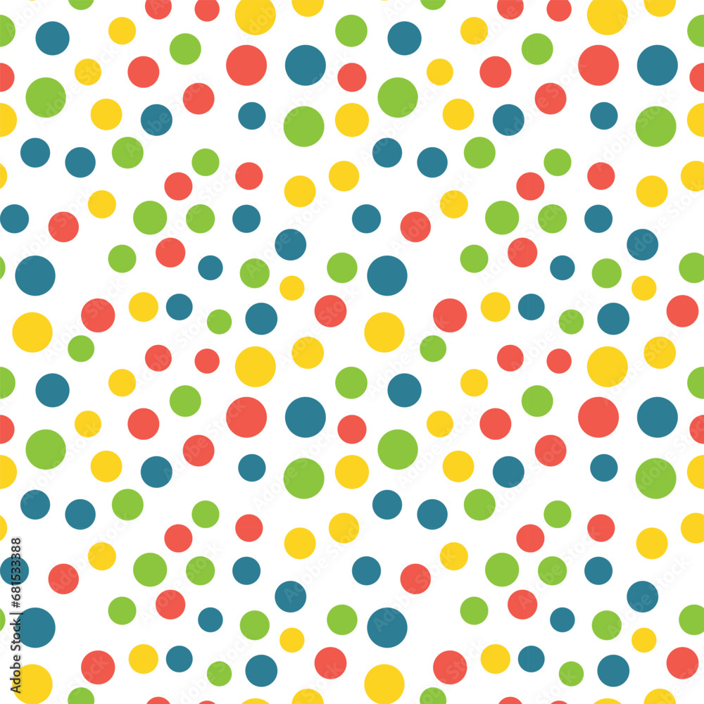 Seamless pattern with colorful polka dots. Confetti on a white background. Festive background, textile, packaging, vecto