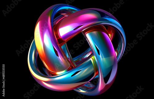 Abstract, knot and iridescent coloured loop render for wallpaper, background and digital design. Colourful, vibrant and creative closeup of organic design shapes and smooth curves on a black backdrop photo