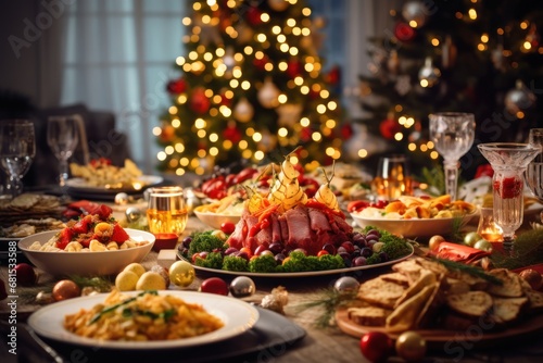 Christmas festive family dinner served different dishes and salads, many snacks, sparkling wine and glasses. New Year's decor with Xmas tree on background. © svetlana_cherruty