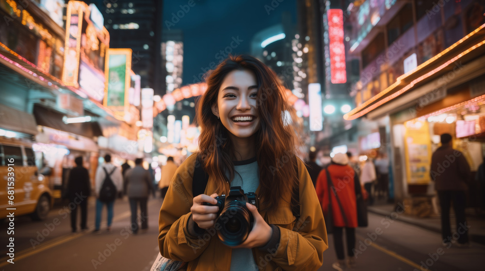 Fototapeta premium Young Asian woman holding her camera in front of the street with neon lights and buildings while looking back at camera smiling, in the city of tokyo.