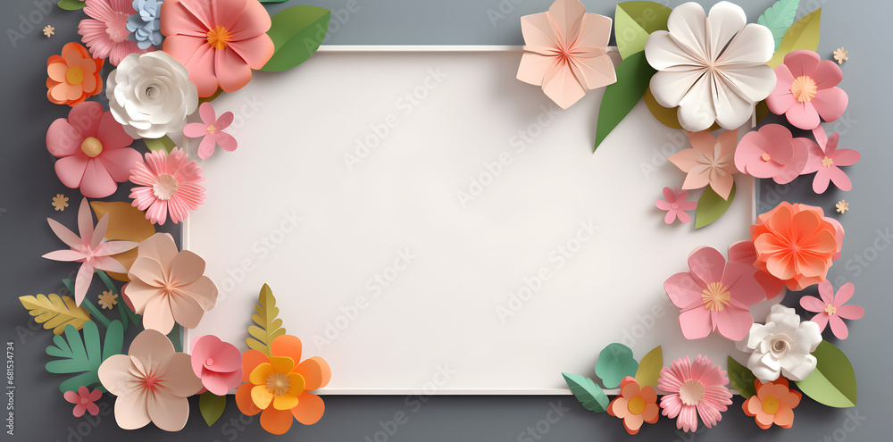 Blue framework for photo or congratulation with paper flowers and blossom. Woman's day, 8 march, Easter, Mother's day, anniversary. Blue framework for photo or congratulation with paper flowers and blossom. Woman's day, 8 march, Easter, Mother's day, anniversary.