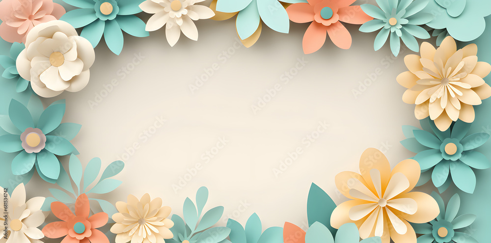 Blue framework for photo or congratulation with paper flowers and blossom. Woman's day, 8 march, Easter, Mother's day, anniversary. Blue framework for photo or congratulation with paper flowers and blossom. Woman's day, 8 march, Easter, Mother's day, anniversary.