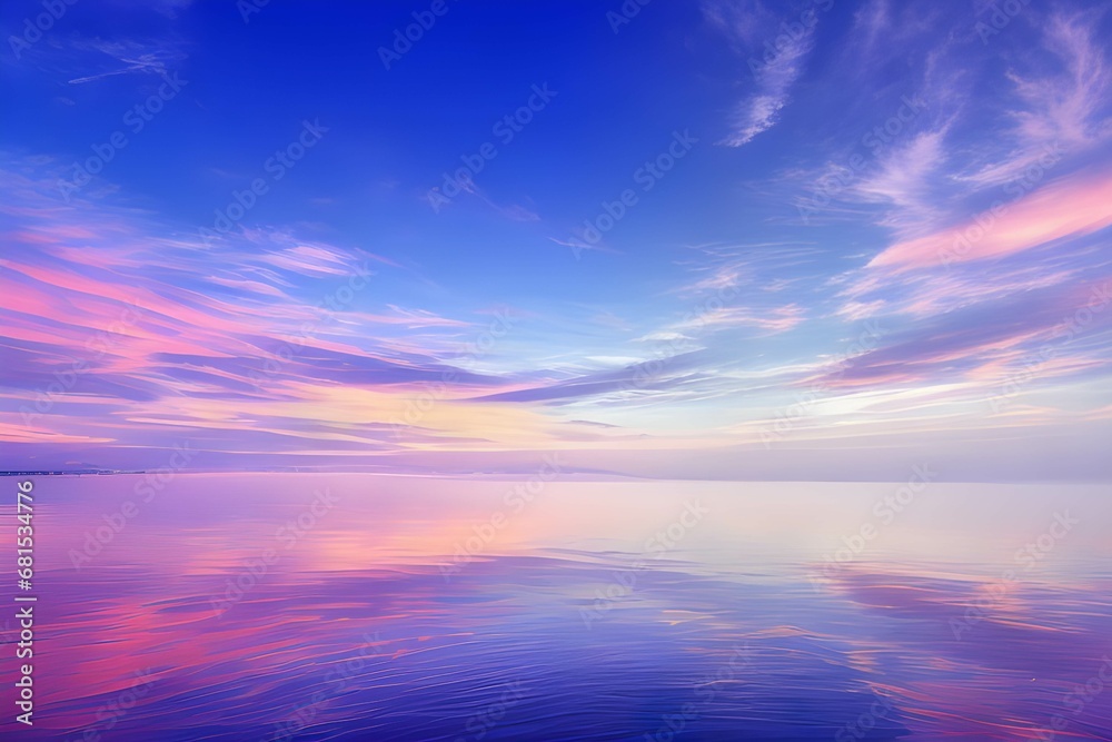 夕暮れ時の静寂な湖面：ピンク、青、オレンジのグラデーションが広がる空と、その色彩が完全に反映される穏やかな水面、そして広大な空とその反射だけが存在する無限の静けさ