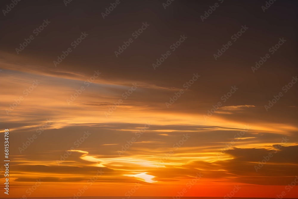 夕焼けの空に映る雲のグラデーション、深紅から明るいオレンジまでの色彩が美しい夜の幕開け