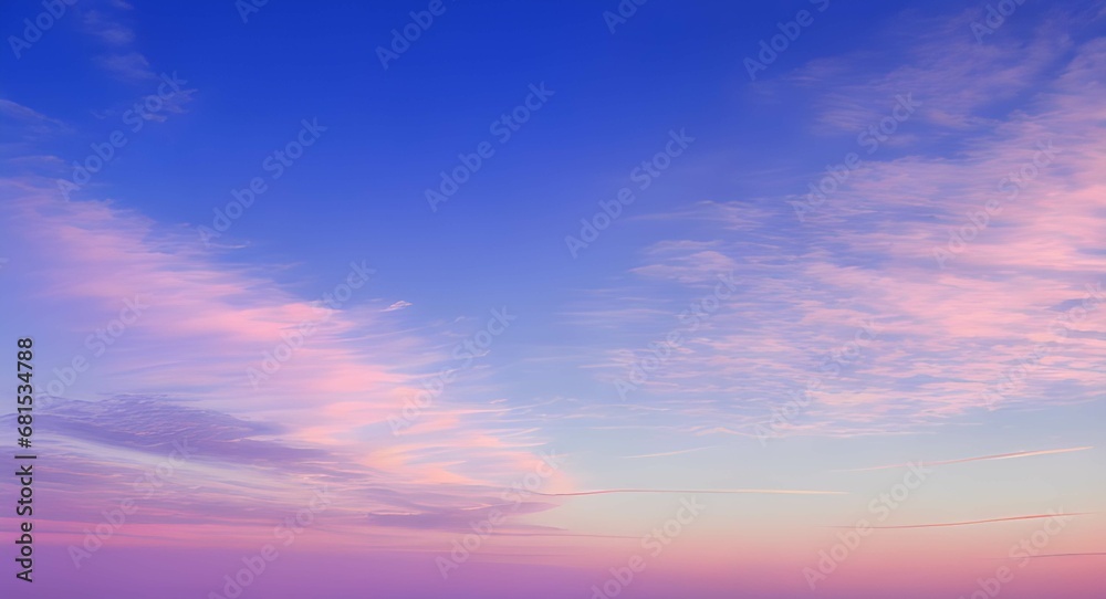 夕暮れ時の静寂な湖面：ピンク、青、オレンジのグラデーションが広がる空と、その色彩が完全に反映される穏やかな水面、そして広大な空とその反射だけが存在する無限の静けさ
