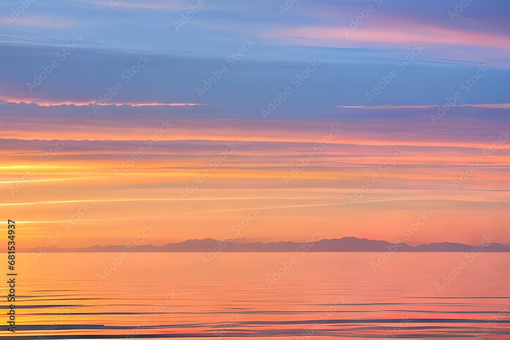 穏やかな湖面：オレンジ、ピンク、青のグラデーションが広がる空と、その色が静かな湖面に反射し、地平線は山々のシルエットで描かれている、日の出または日没の風景