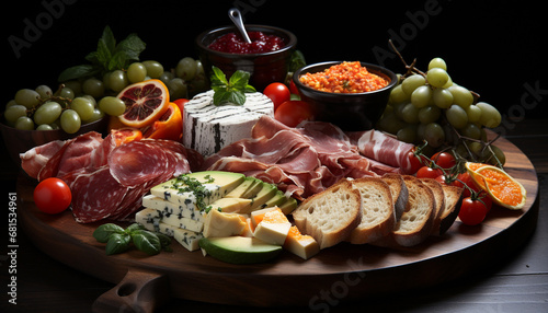 A gourmet meal prosciutto, salami, bread, melon, and wine generated by AI