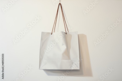 White paper shopping bag hanging on white wall