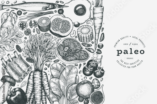 Paleo Diet Design Template. Vector Hand Drawn Healthy Food Banner. Vintage Style Menu Illustration.