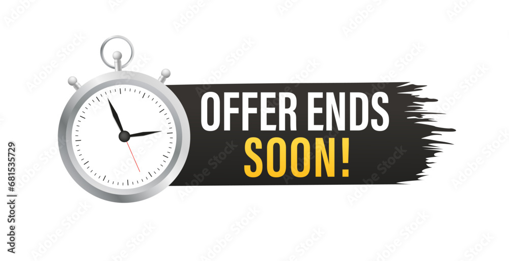 Offer ends soon. Paint brush stroke with clock. Special offer price sign. Advertising discounts symbol. Paint brush ink splash banner. Offer ends soon badge shape. Vector illustration Offer ends soon. Paint brush stroke with clock. Special offer price sign. Advertising discounts symbol. Paint brush ink splash banner. Offer ends soon badge shape. Vector illustration