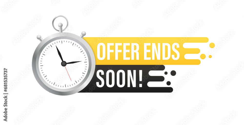 Offer ends soon. Paint brush stroke with clock. Special offer price sign. Advertising discounts symbol. Paint brush ink splash banner. Offer ends soon badge shape. Vector illustration - obrazy, fototapety, plakaty 