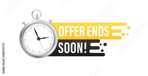 Offer ends soon. Paint brush stroke with clock. Special offer price sign. Advertising discounts symbol. Paint brush ink splash banner. Offer ends soon badge shape. Vector illustration photo