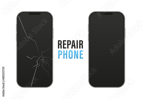 Phone repairs flat design sign. Сoncept of badge for fast service for mending mobile equipment or broken smartphone or tablet. Vector illustration