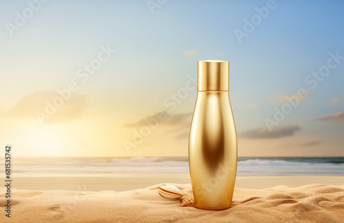 sun protection cream in gold bottle on the beach, morning sea background
