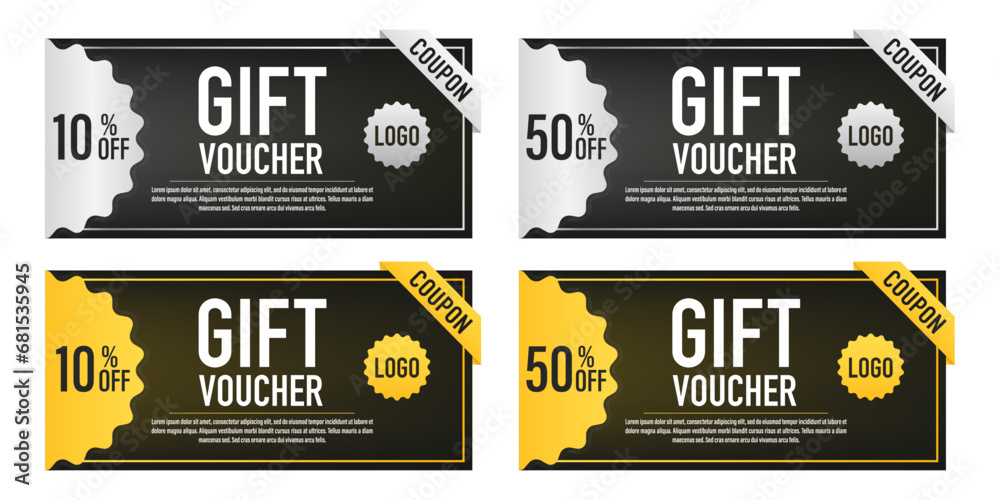 Realistic Detailed 3d Gift gold and silver voucher. Gift voucher template. Two sides of a discount voucher or gift certificate. Promotional coupon for a special discount offer. Vector illustration - obrazy, fototapety, plakaty 