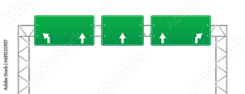 Highway green road signs, blank signage boards on steel poles for pointing city traffic direction, empty panels with white guide arrows. Realistic blank traffic control signs. Vector illustration
