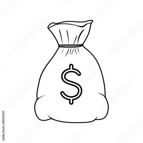 Hand drawn money bag vector icon. Cash money in sack with dollar sign isolated on white background. Sack of money in doodle style. Line drawing of cash pouch, simple vector illustration