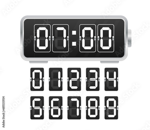 Digital alarm clock. Digital clock number set. Flat electron watch screen modern black alarm time display, timer bar font with hours, minutes and seconds. Countdown timer. Vector illustration