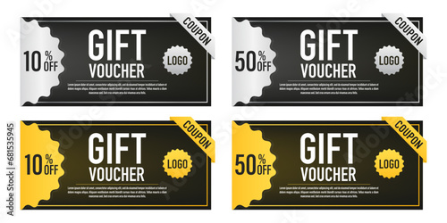 Realistic Detailed 3d Gift gold and silver voucher. Gift voucher template. Two sides of a discount voucher or gift certificate. Promotional coupon for a special discount offer. Vector illustration photo